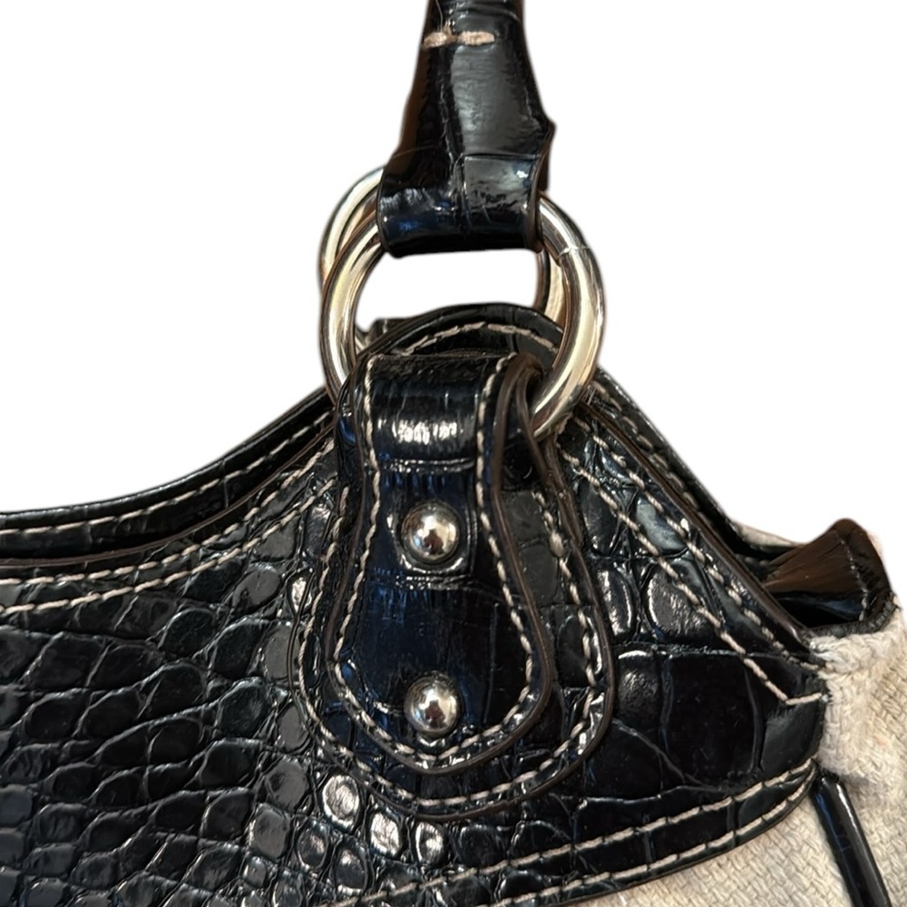Nine West Y2K Ivory Woven Shoulder Bag Black Croc Patent Silver Buckle - Picture 14 of 16